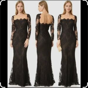 Marchesa Notte Black Lace Illusion Neckline Long Sleeve Gown, size 4